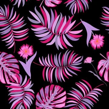 Vector tropical jungle seamless pattern with palm trees leaves and flowers Stock Illustration