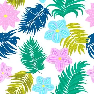 Vector tropical jungle seamless pattern with palm trees leaves and flowers Illustrazione stock