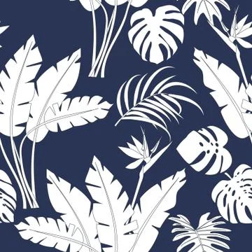 Vector tropical jungle seamless pattern with palm trees leaves and flowers Stock Illustration