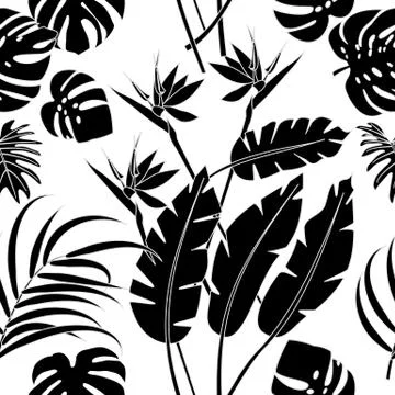 Vector tropical jungle seamless pattern with palm trees leaves and flowers Stock Illustration