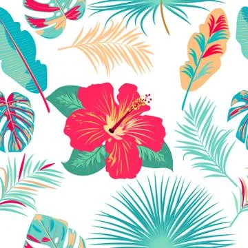 Vector tropical jungle seamless pattern with palm trees leaves and flowers Stock Illustration