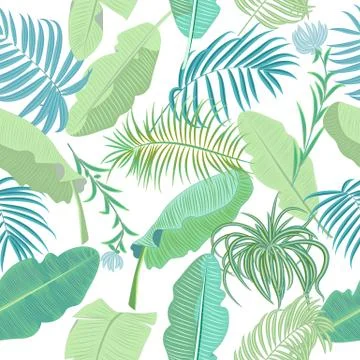Vector tropical jungle seamless pattern with palm trees leaves and flowers Illustrazione stock