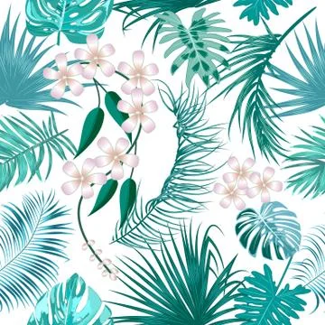 Vector tropical jungle seamless pattern with palm trees leaves and flowers Stock Illustration