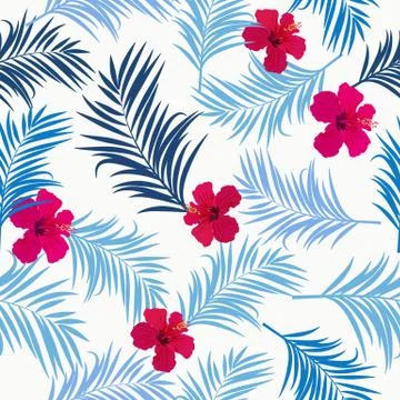 Vector tropical jungle seamless pattern with palm trees leaves and flowers Stockillustratie