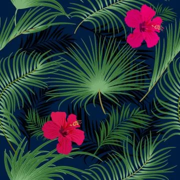 Vector tropical jungle seamless pattern with palm trees leaves and flowers Illustrazione stock