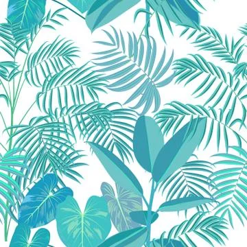 Vector tropical jungle seamless pattern with palm trees leaves and flowers Stock Illustration