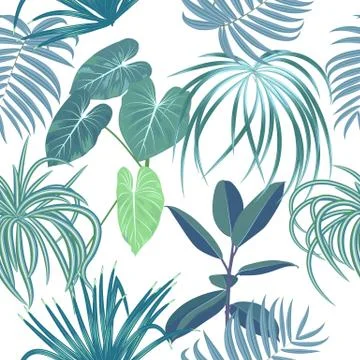 Vector tropical jungle seamless pattern with palm trees leaves and flowers 库存插图
