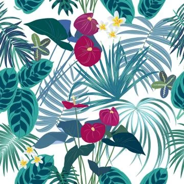 Vector tropical jungle seamless pattern with palm trees leaves and flowers 스톡 일러스트