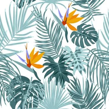 Vector tropical jungle seamless pattern with palm tree leaves Stock Illustration