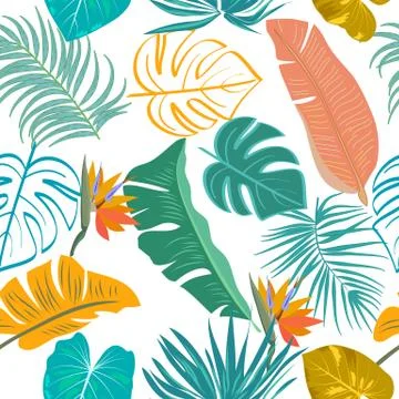 Vector tropical jungle seamless pattern with palm trees leaves and flowers Stock Illustration