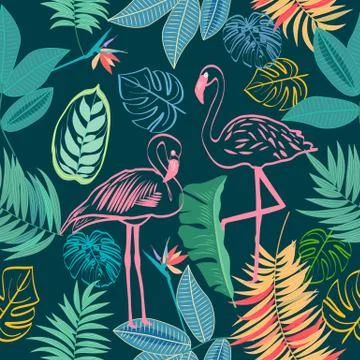 Vector tropical jungle seamless pattern with flamingo, palm trees leaves and Illustrazione stock
