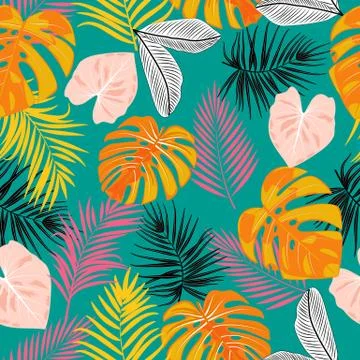 Vector tropical jungle seamless pattern with palm tree leaves Illustrazione stock
