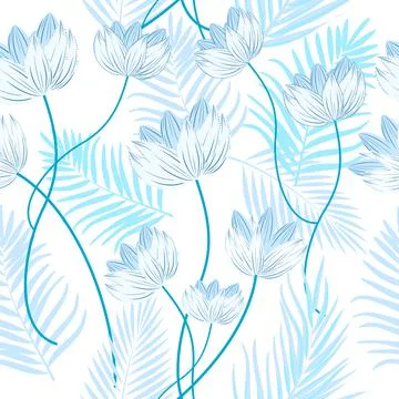 Vector tropical jungle seamless pattern with blue palm tree leaves and flower Illustrazione stock