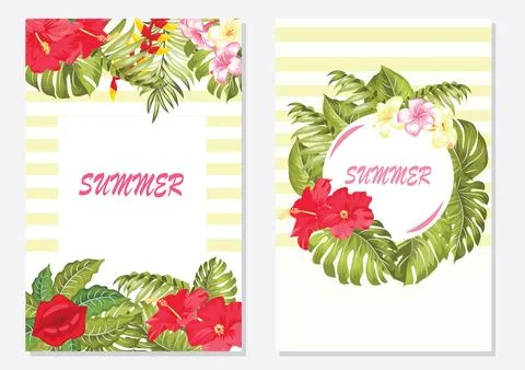 Vector tropical leaf banner set on bright background. Trending colors moder.. Stock Illustration