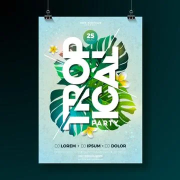 Vector Tropical Party Flyer Design with flower and tropical plants on blue Illustrazione stock