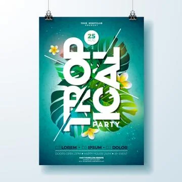 Vector Tropical Party Flyer Design with flower and tropical plants on blue Illustrazione stock