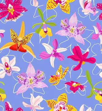 Vector tropical pattern with colorful orchid flowers on violet background Stock Illustration