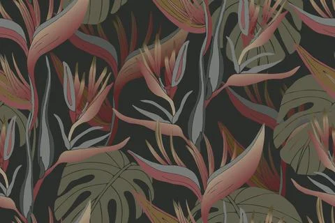 Vector tropical plant seamless pattern. Monstera and heliconia isolated on a Stock Illustration