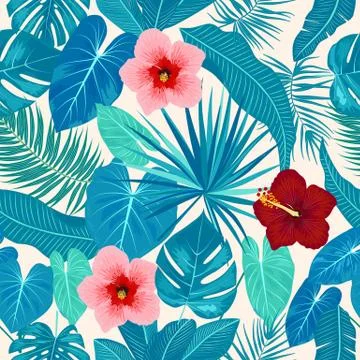 Vector tropical seamless pattern in blue colors. Botany design. 스톡 일러스트