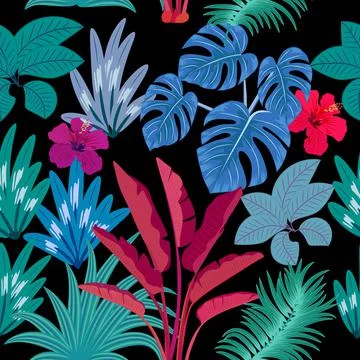 Vector tropical seamless pattern with color leaves of palm tree and flowers Illustrazione stock