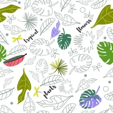 Vector tropical seamless pattern of exotic leaves. Contours of leaves of monster Stock Illustration