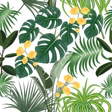 Vector tropical seamless pattern with  leaves of palm tree and flowers 스톡 일러스트