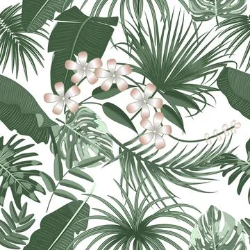 Vector tropical seamless pattern with  leaves of palm tree and flowers Illustrazione stock