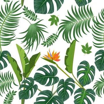Vector tropical seamless pattern with  leaves of palm tree and flowers 스톡 일러스트