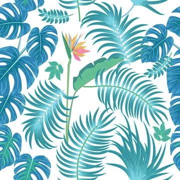 Vector tropical seamless pattern with  leaves of palm tree and flowers Stock Illustration