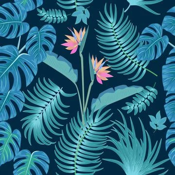 Vector tropical seamless pattern with  leaves of palm tree and flowers Stock Illustration