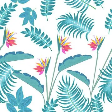 Vector tropical seamless pattern with  leaves of palm tree and flowers Illustrazione stock