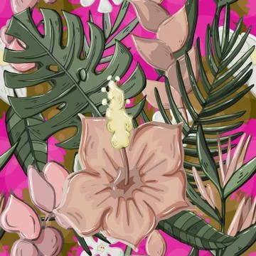 Vector Tropical seamless pattern with monstera leaves plant,hibiscus,flowers Stock Illustration