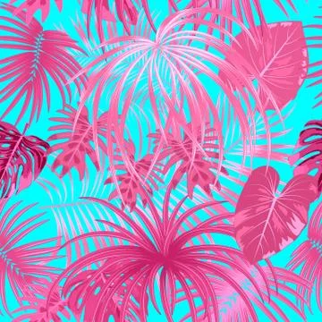 Vector tropical seamless pattern in pink colors. Botany design. 스톡 일러스트