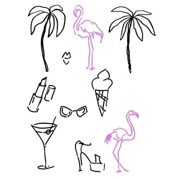 Vector tropical set of linear pink flamingo, palm and recreation elements. Hand Stock Illustration