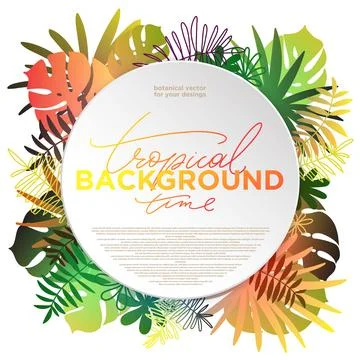 Vector tropical square banner. Floral background with various palm leaves a.. Stock Illustration