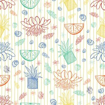 Vector tropical summer seamless pattern with torch ginger flower, lime frui.. 库存插图