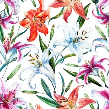 Vector tropical watercolor lilly pattern Stock Illustration