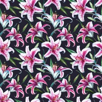 Vector tropical watercolor lilly pattern Stock Illustration