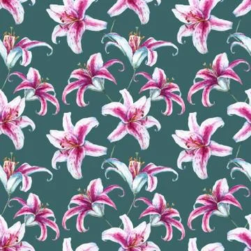 Vector tropical watercolor lilly pattern Stock Illustration