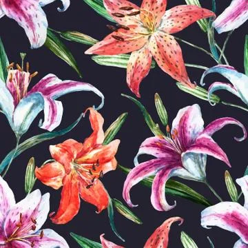 Vector tropical watercolor lilly pattern Stock Illustration