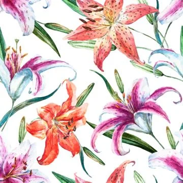 Vector tropical watercolor lilly pattern Stock Illustration