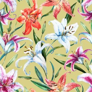 Vector tropical watercolor lilly pattern Stock Illustration