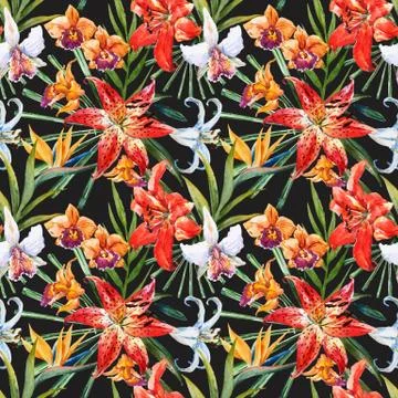 Vector tropical watercolor lilly pattern Stock Illustration