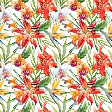Vector tropical watercolor lilly pattern Stock Illustration