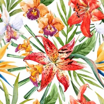 Vector tropical watercolor lilly pattern Stock Illustration