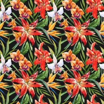 Vector tropical watercolor lilly pattern Stock Illustration