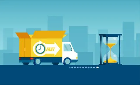 Vector of a truck with open box container and hourglass as symbol of fast shi Stock Illustration