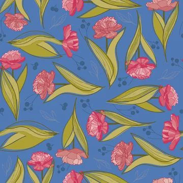 Vector tulips on blue seamless pattern print background. Stock Illustration