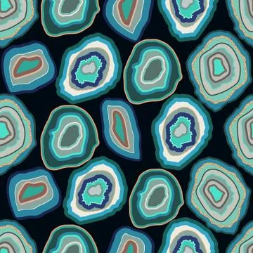 Vector turquoise agate crystal seamless pattern on black. A slice of geode stone Illustrazione stock