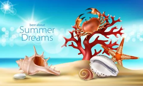 Vector turquoise background with summer sandy beach, seashells, pebbles Illustrazione stock